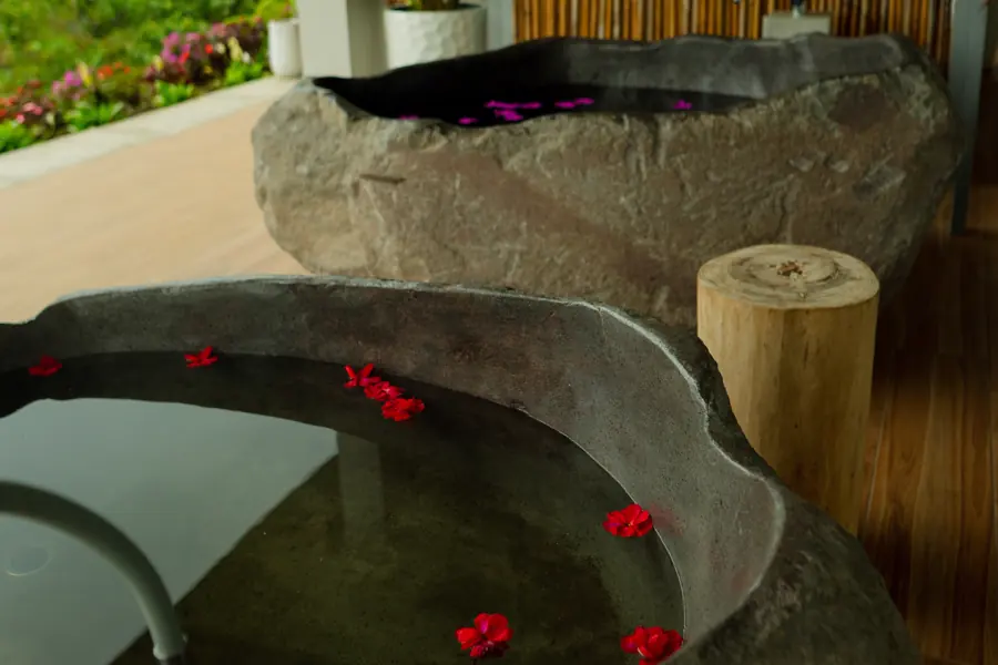 Two carved volcanic stone tubs filled with water and red petals on the lodge terrace